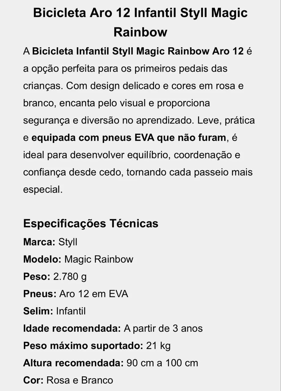 Bicicleta Aro 12 Infantil Styll Magic Rainbow Rosa e Branco  menina  - Foto 5