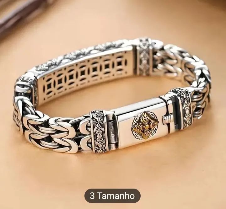 Pulseira Masculina em Prata 925 com Detalhes em Ouro