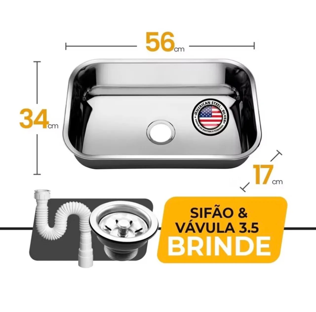 Cuba de Cozinha em Aço Inox 56x34cm - Frete Grátis