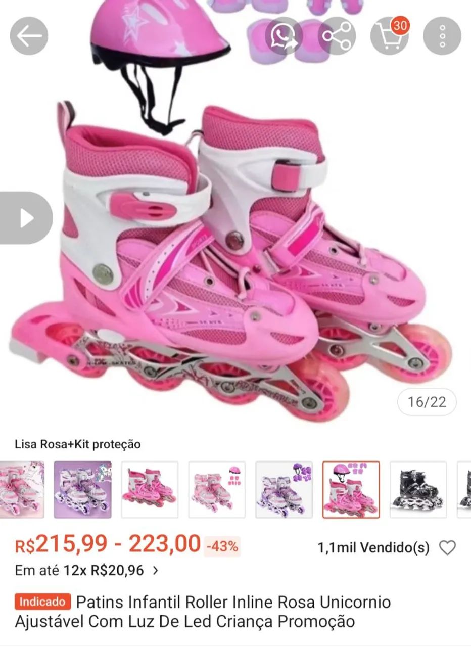 Patins Infantil Roller Inline Rosa Unicornio Ajustável Com Luz De Led Criança Promoção
