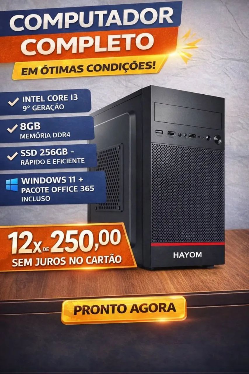 Pc completo core i3 9a ger, 8gb ddr4, ssd 256 windows 11 e pacote office