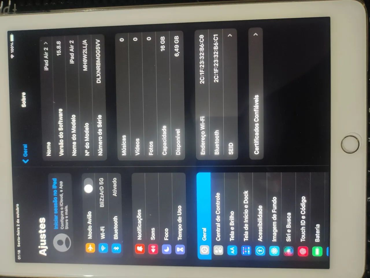 Vendo iPad Air 2 16GB usado em excelente estado