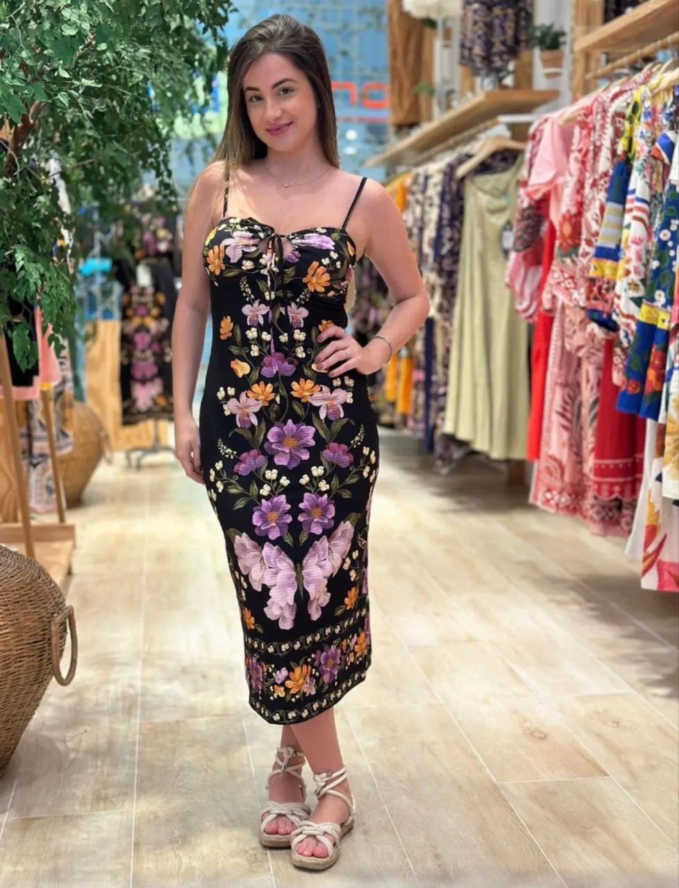 Vestido canelado estampa borboleta  em flor farm  - Foto 5