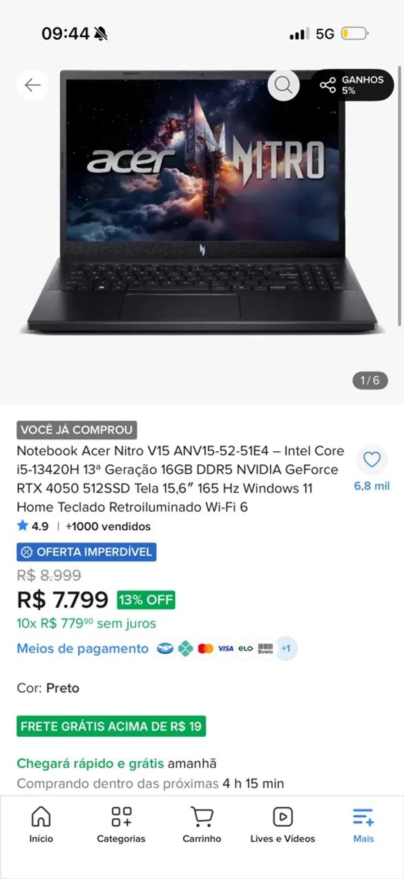 NOTEBOOK GAMER ACER NITRO RODA TUDO
