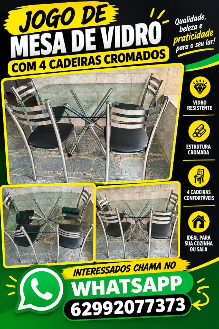 Mesa vidro 4 cadeiras cromada