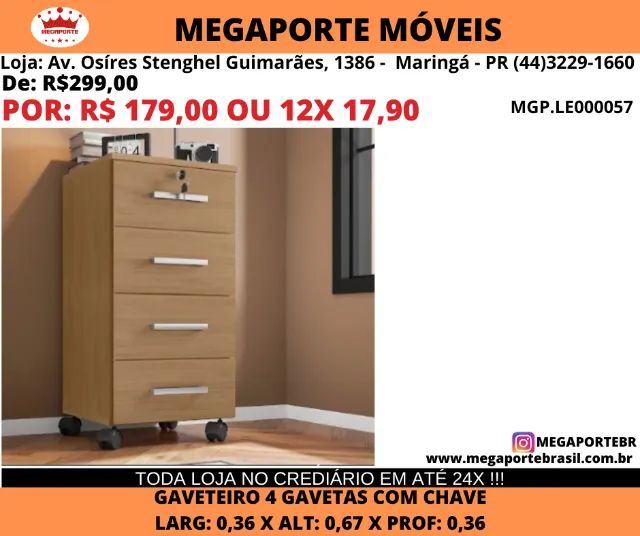 Gaveteiro com Rodinhas 4 Gavetas com Chave
