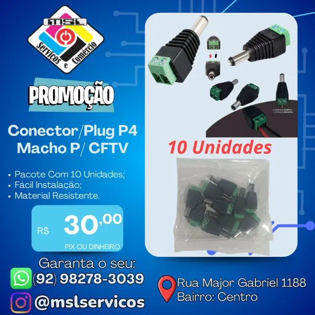 Conector / Plug P4 Macho p/ CFTV Pacote Com 10 Unidades