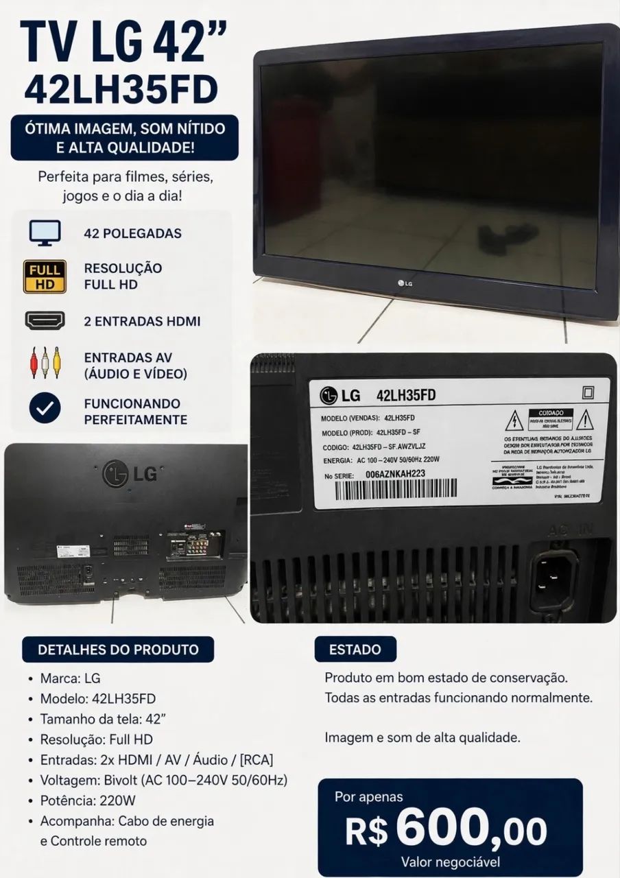 TV LG 42 Polegadas Full HD 42LH35FD - Funcionando Perfeitamente