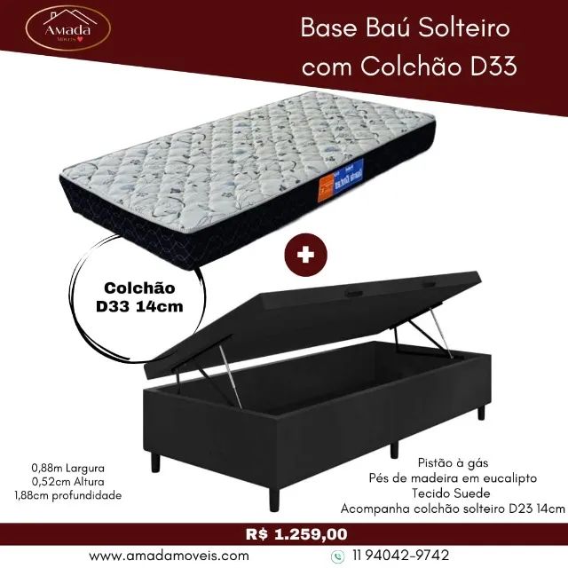 Base baú solteiro com colchão D33, a pronta entrega