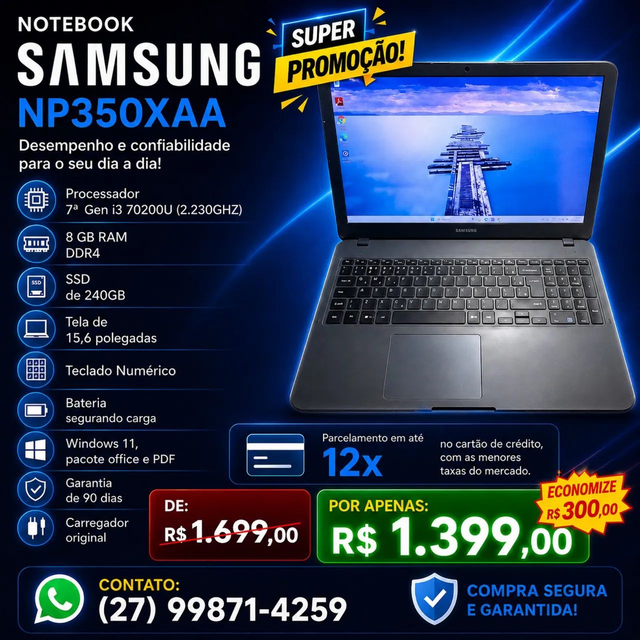 Notebook Samsung i3 7ª Gen c/ SSD  - Foto 3