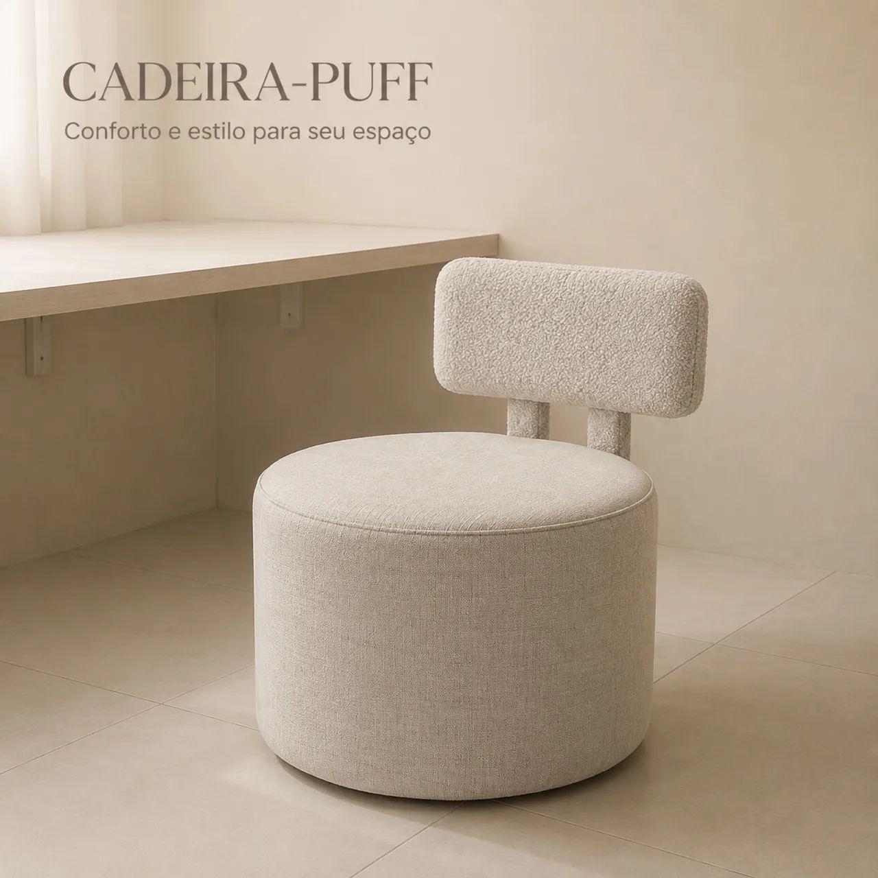 Cadeira Puff com Encosto em Linho e Bouclé Sob Encomenda