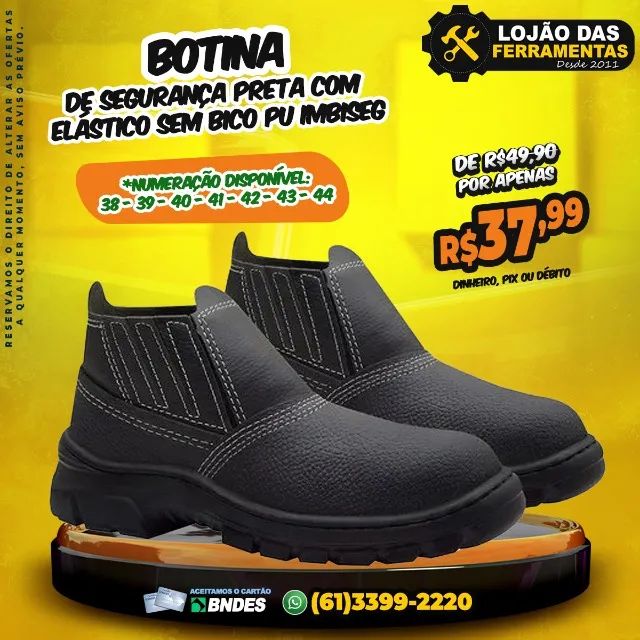 Botina de Segurança Preta Com Elástico Sem Bico PU Imbiseg