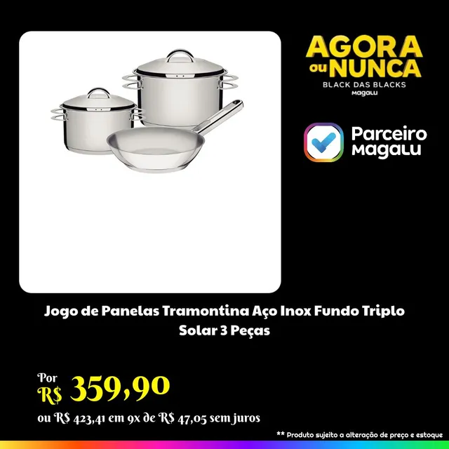 Jogo de Panelas Tramontina Aço Inox Fundo Triplo Cooktop Fogão Indução 3  Peças Solar