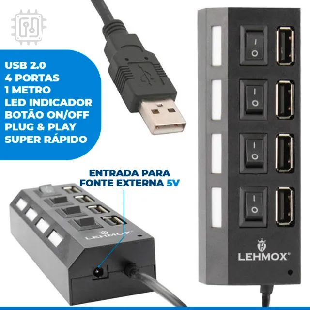 Hub USB 2.0 4 Portas com Botão Liga/Desliga e Entrada para Alimentação Externa - Foto 5
