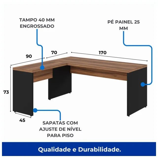 Mesa Escritório em L 1,70m + Mesa Auxiliar Sem Gavetas Nogal Sevilha Preto Modelo 21478 - Foto 3