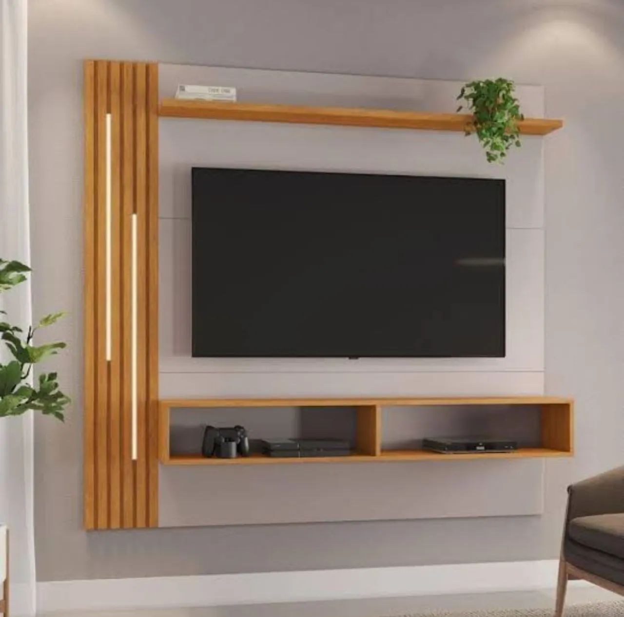 Painel para TV moderno com nicho e prateleiras