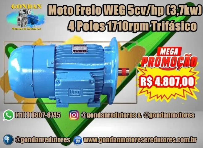 Moto Freio WEG 5cv (3,7kw) 4 Polos 1710rpm Trifásico 220v/380v - Foto 6