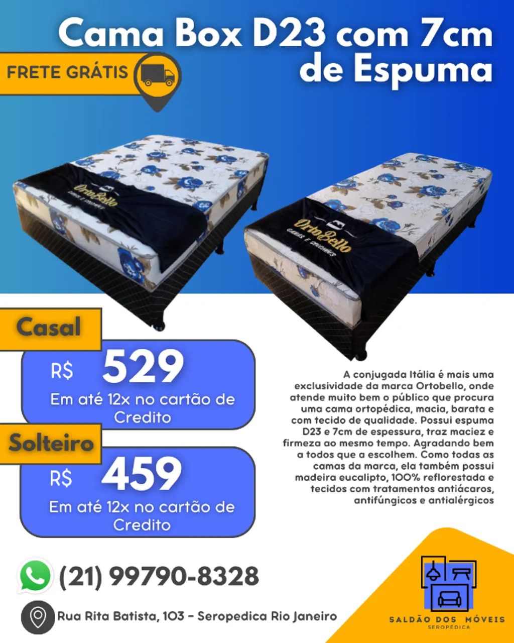 !!! FRETE GRATIS !!! Cama Box Itália D23 com 7cm de Espuma