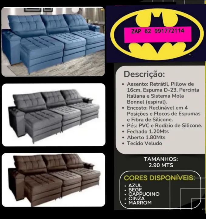 Sofá Retrátil 3 lugares - Veludo - 2.90 Mts