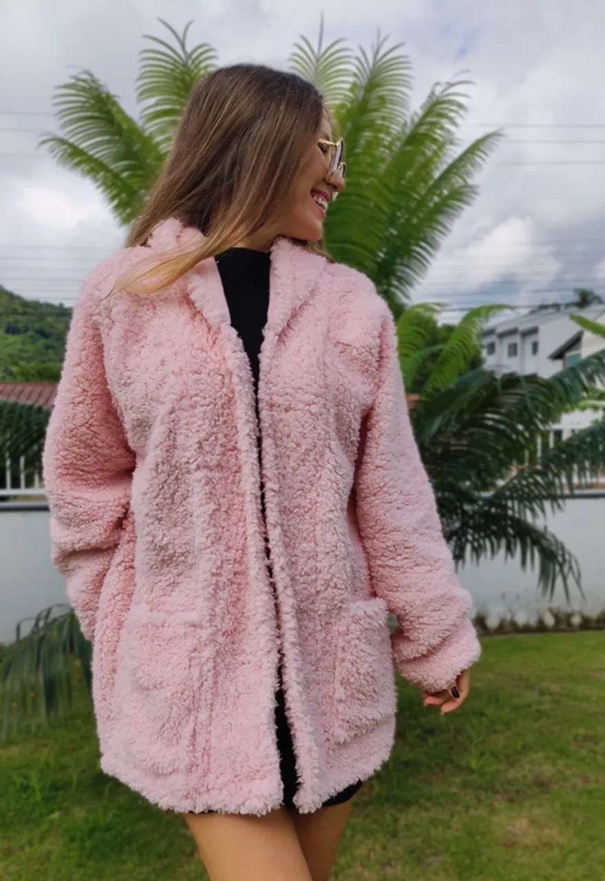 sobretudo feminino casaco teddy rosa - Foto 3