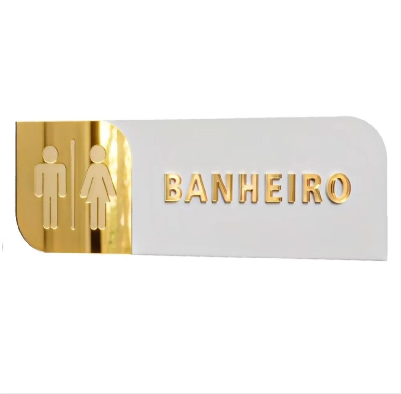 Placa banheiro 100% acrílico branco e dourado