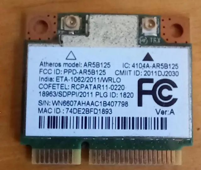 Placa de rede Wi-Fi ATHEROS AR5B125