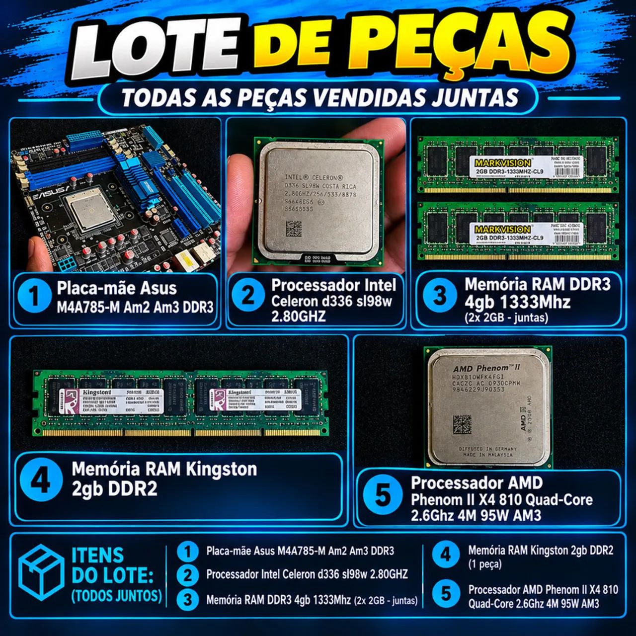 Lote de Peças de PC - Placa Asus + Phenom II X4 + 4GB DDR3 + Celeron + DDR2