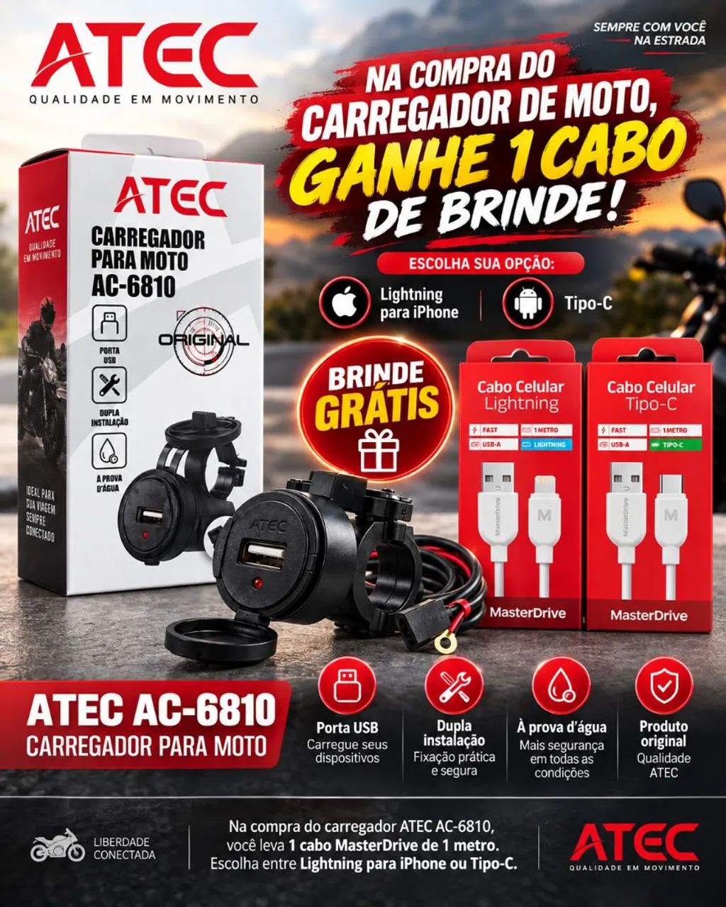 Carregador para Moto ATEC AC-6810 USB + Cabo Grátis Tipo-C ou Lightning - iPhone - Foto 2