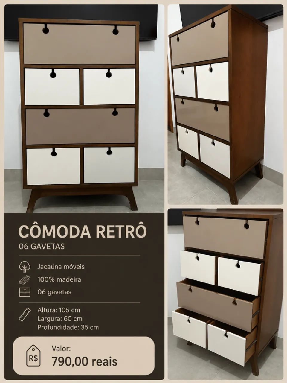 Cômoda retrô JACAÚNA MÓVEIS 100% madeira