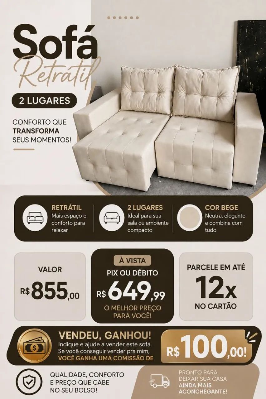 SOFÁ RETRÁTIL BEGE 650$ Á VISTA