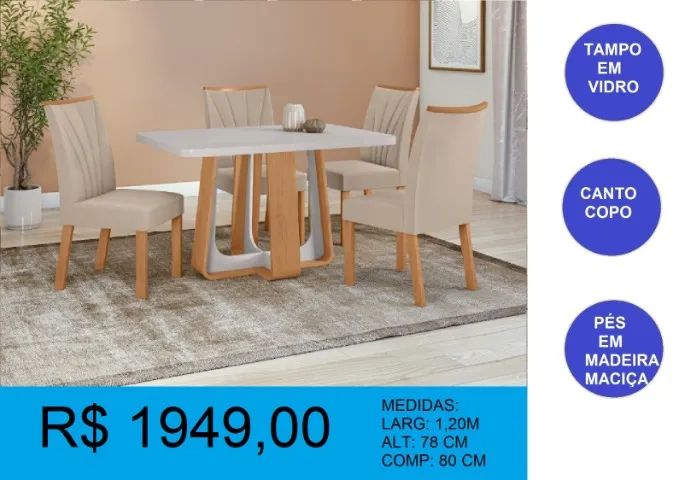 Mesa com 4 cadeiras tampo de vidro - entrega e montagem gratuita 