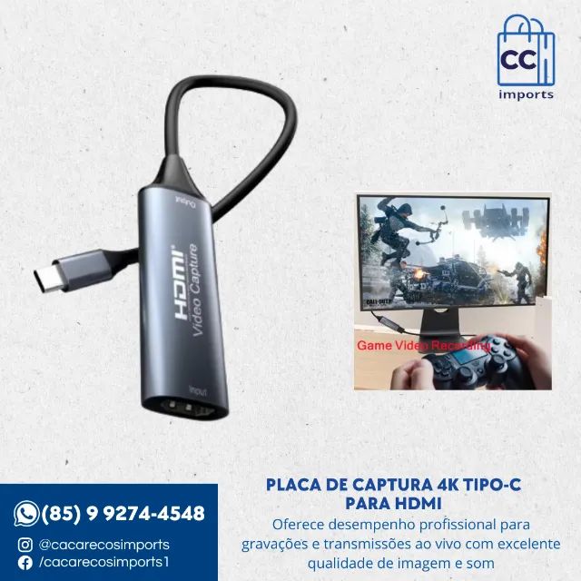 Placa de Captura 4K Tipo-C para HDMI - Compatível com PC, MacBook, PS5, Xbox e Câmeras