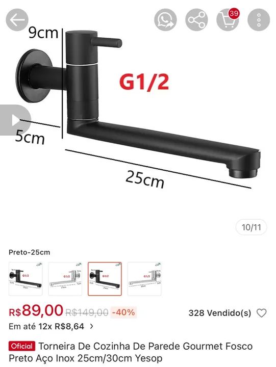 Torneira de Parede para Cozinha em Preto Fosco - Foto 4