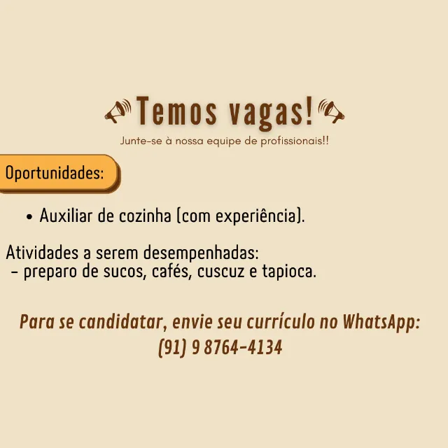 Vaga para AUXILIAR DE COZINHA em CAFETERIA