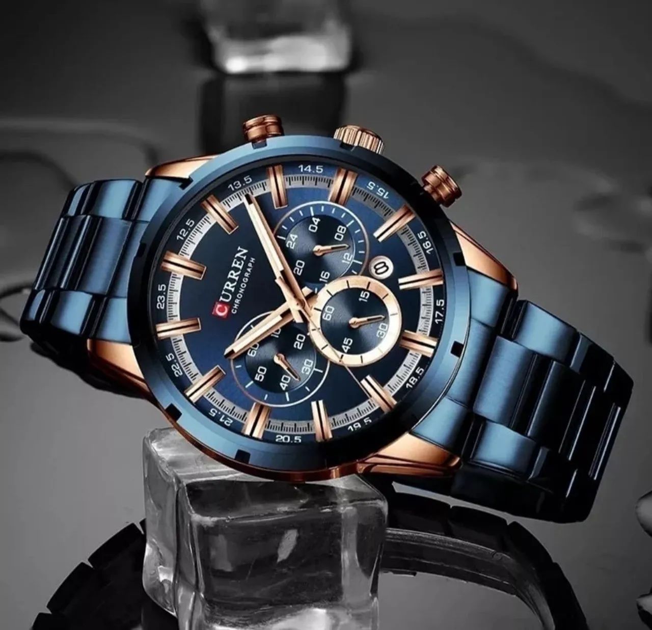 Relógio De Luxo Curren Cronógrafo Azul e Dourado - Foto 4