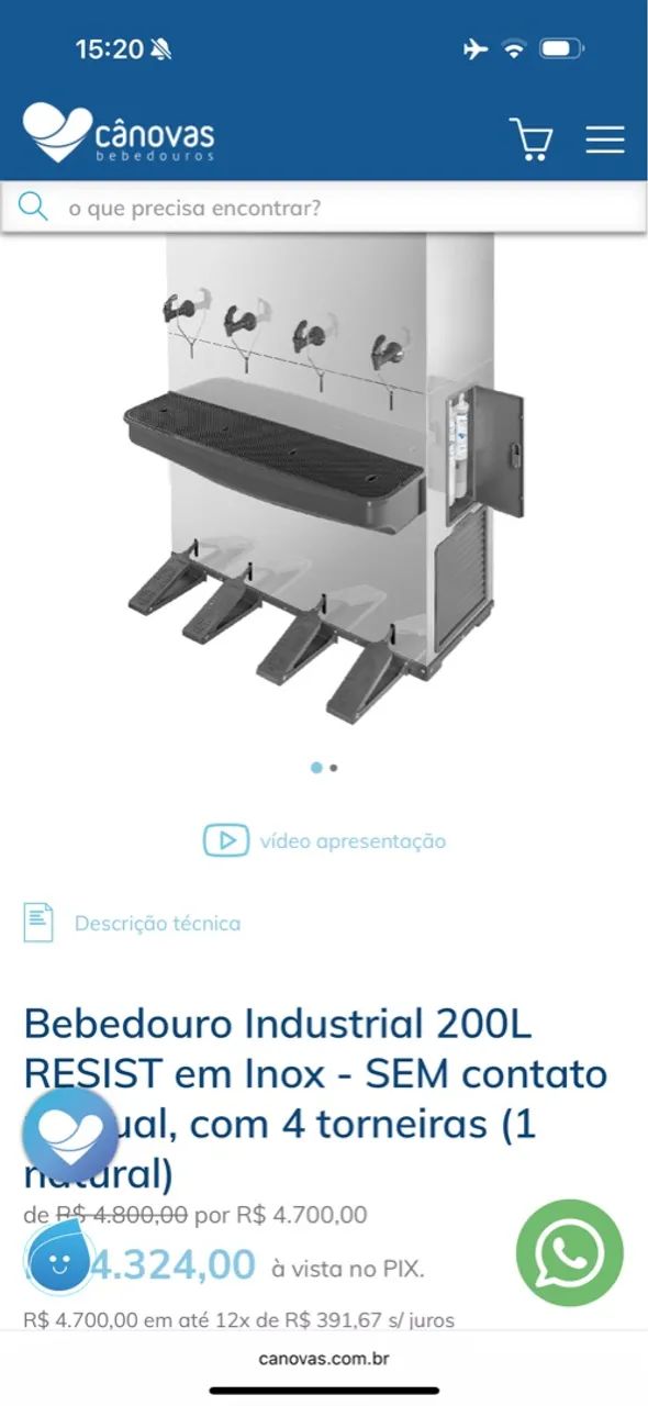Bebedouro Industrial 200L RESIST em Inox - SEM contato manual, com 4 torneiras (1 natural)