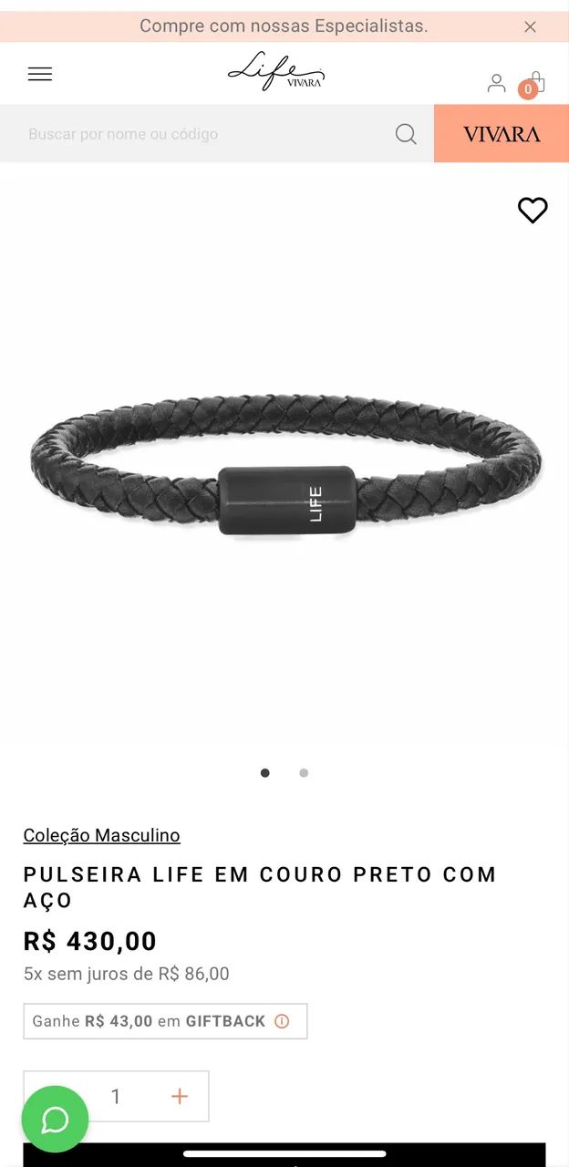 Pulseira life vivara couro preto 