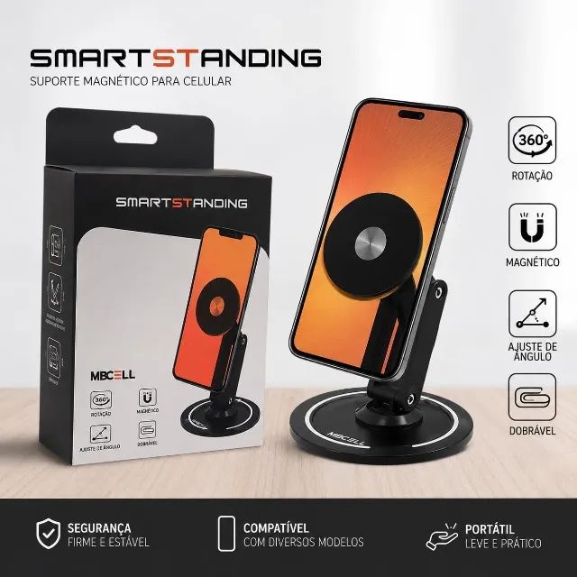 SmartStanding Suporte Magnético para Celular Mesa 360° Ajustável Dobrável MBCELL