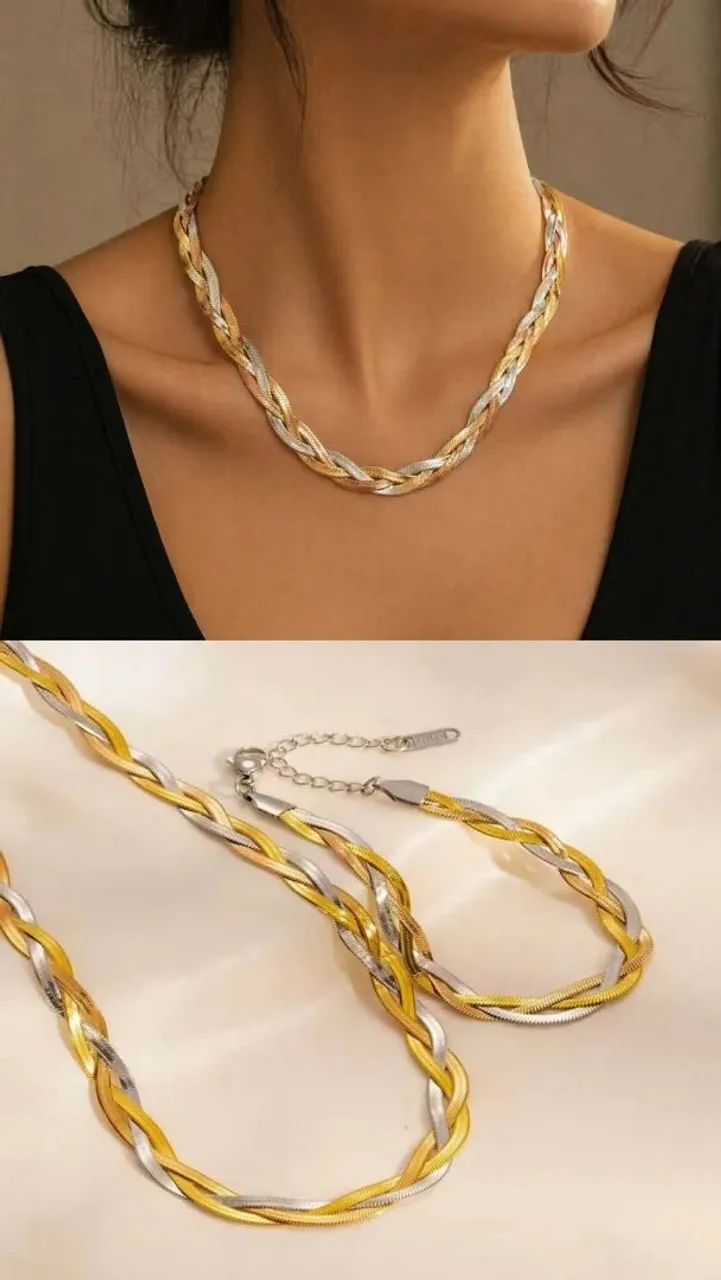 Conjunto trançado 3 fios colar e pulseira  - Foto 4