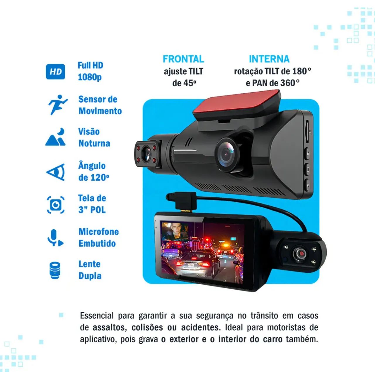 Camera Veicular Dashcam Grava Dentro E Fora Do Carro Display - Foto 2