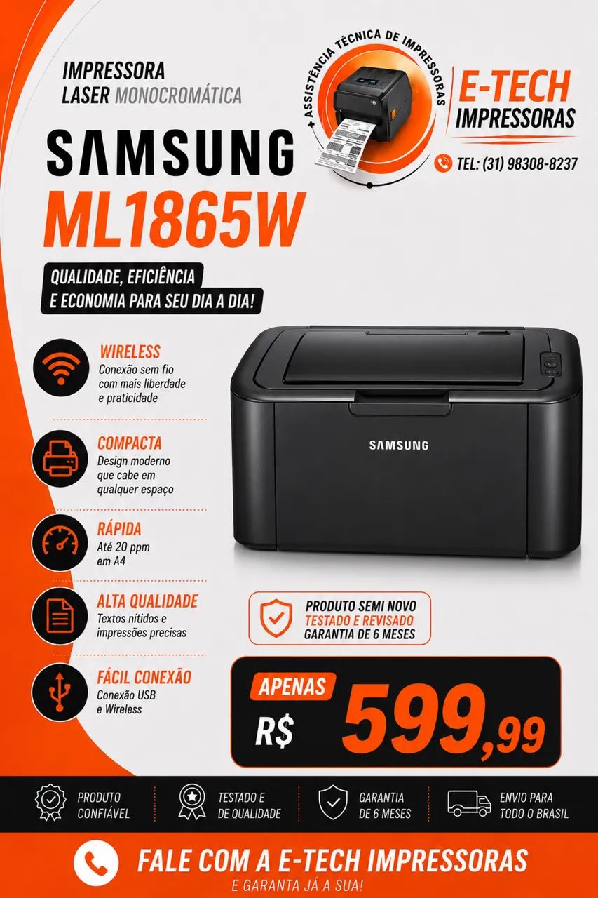 IMPRESSORA LASER MONOCROMÁTICA SAMSUNG ML1865W