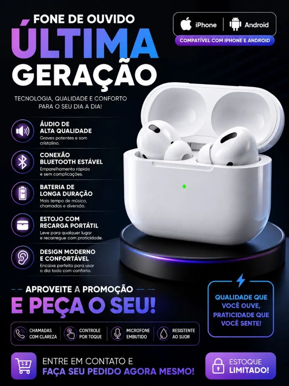Fone de ouvido via bluetooth 