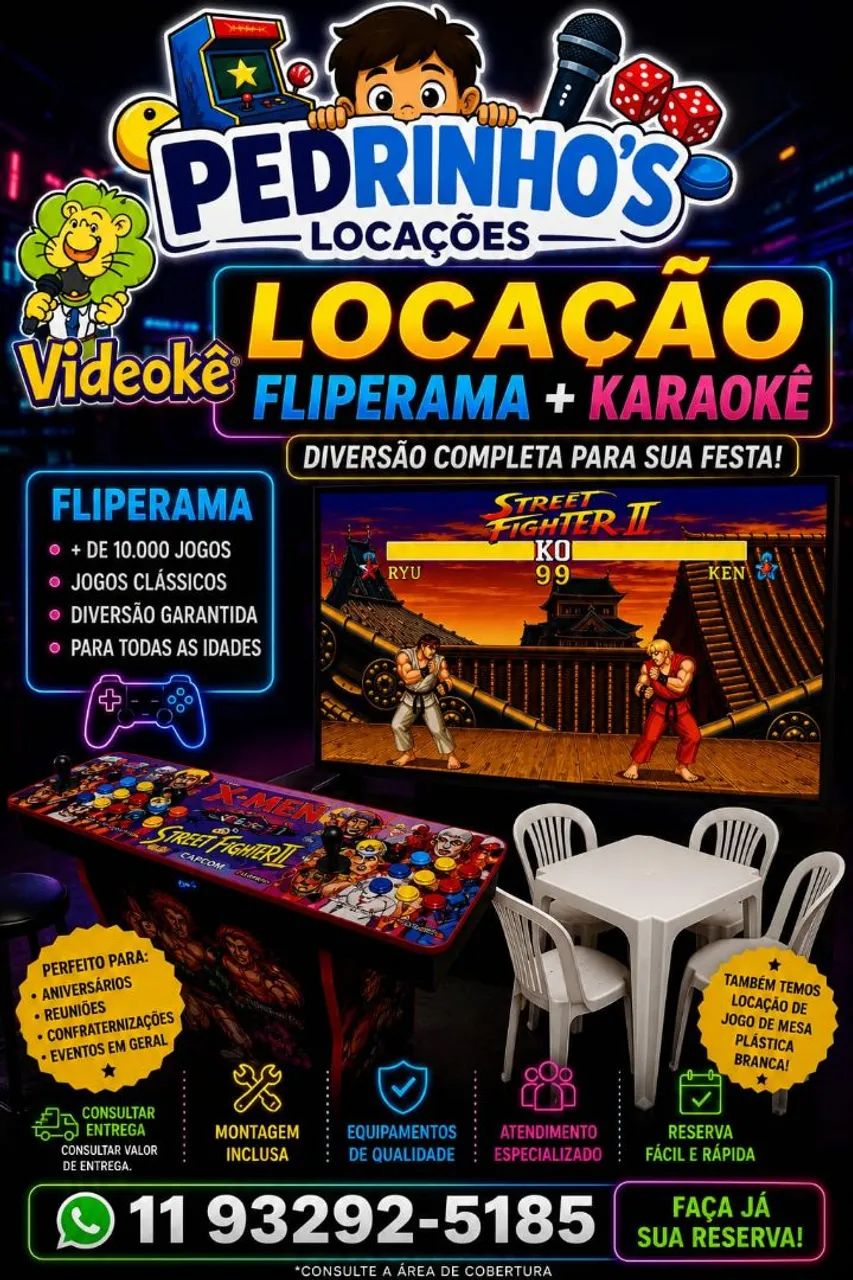 Locação de kit mesa e cadeiras,  karaoke,  Fliperama 