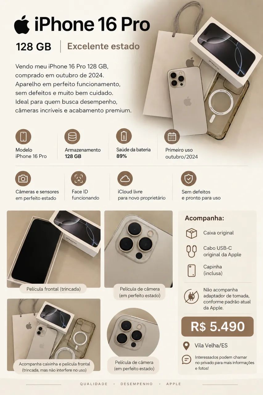 iPhone 16 Pro 128 GB excelente estado (não aceito trocas)