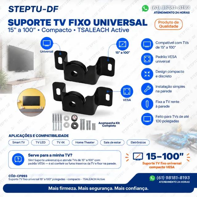 Suporte Tv Fixo Universal 15'' A 100'' Polegadas - Compacto - Tsaleach Active COD-CP893   - Foto 2