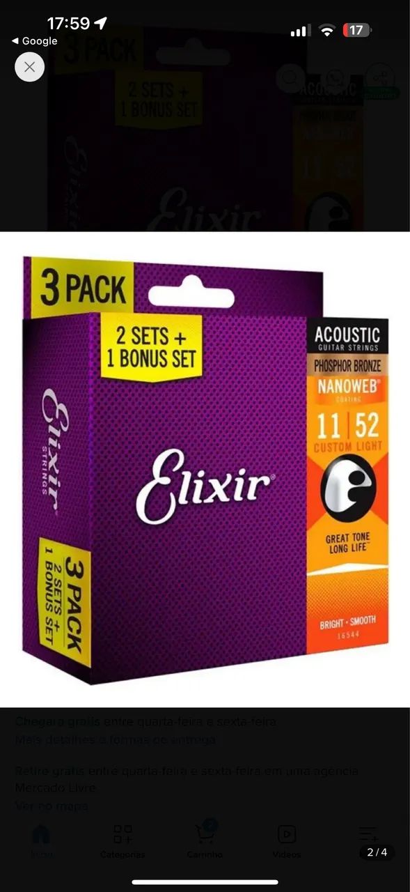 Kit com 3 encordoamentos Elixir Phosphor Bronze aço  - Foto 4