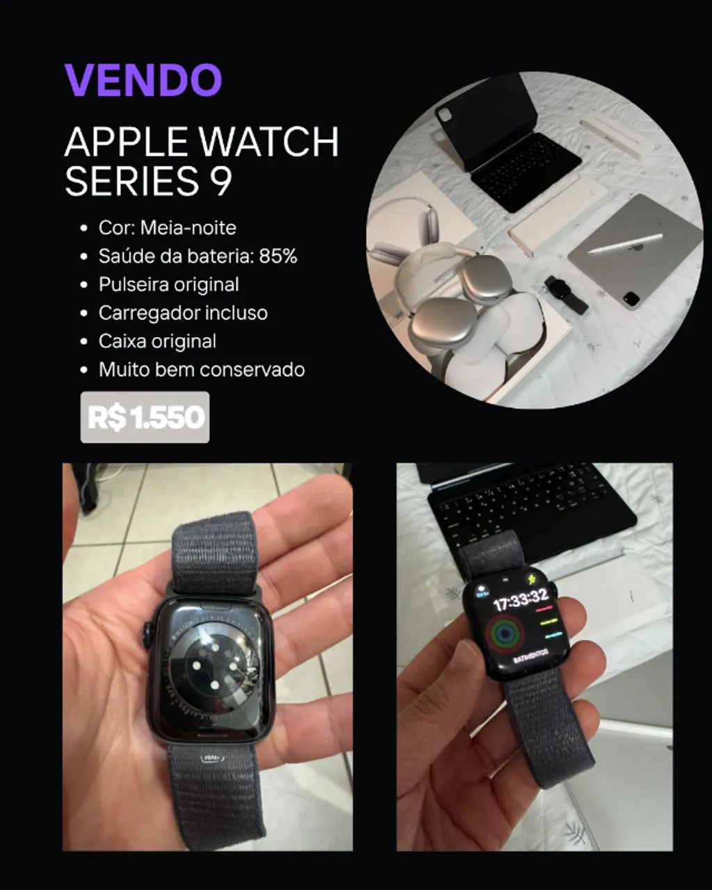 Apple Watch Series 9 GPS 41mm Meia-Noite + Caixa