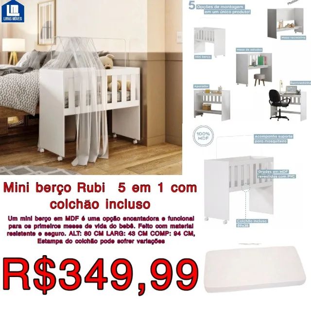 Mini berço 5 em 1 com colchão incluso