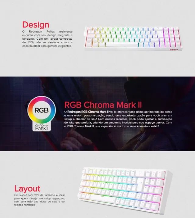 Teclado Mecânico Redragon Pollux K628 Branco Switch Brown RGB c/ NF - Foto 2