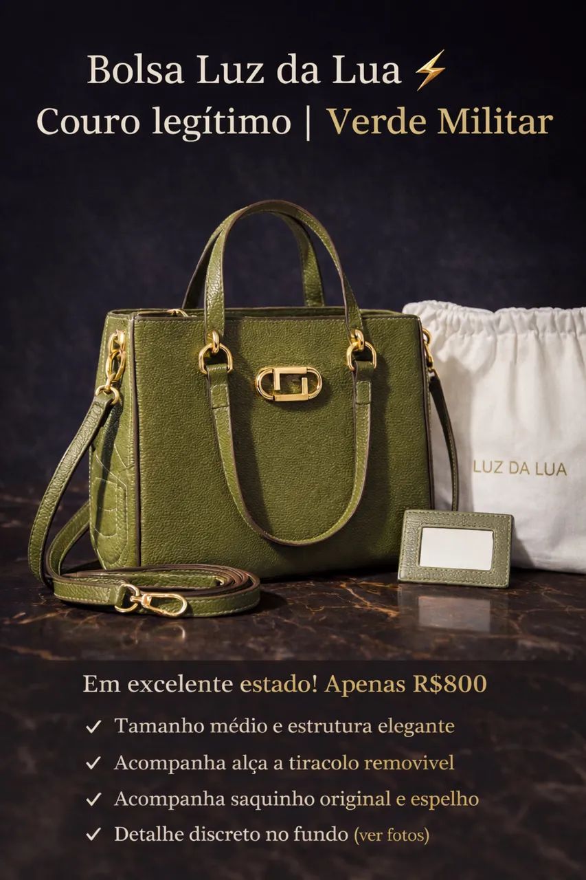 Bolsa Luz da Lua em Couro Legítimo Verde Militar Média
